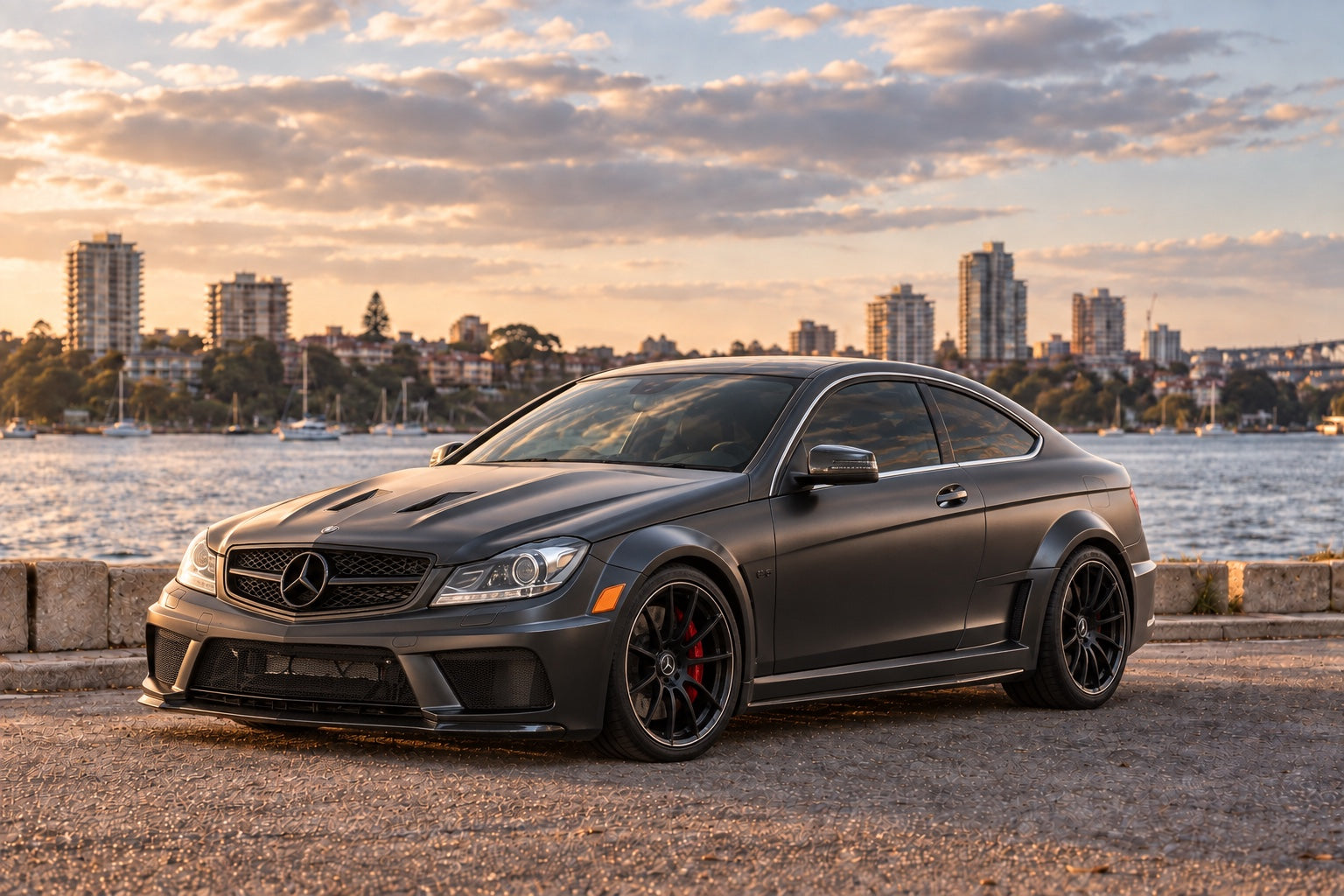 Mercedes C63 AMG on a waterfront backdrop at sunset