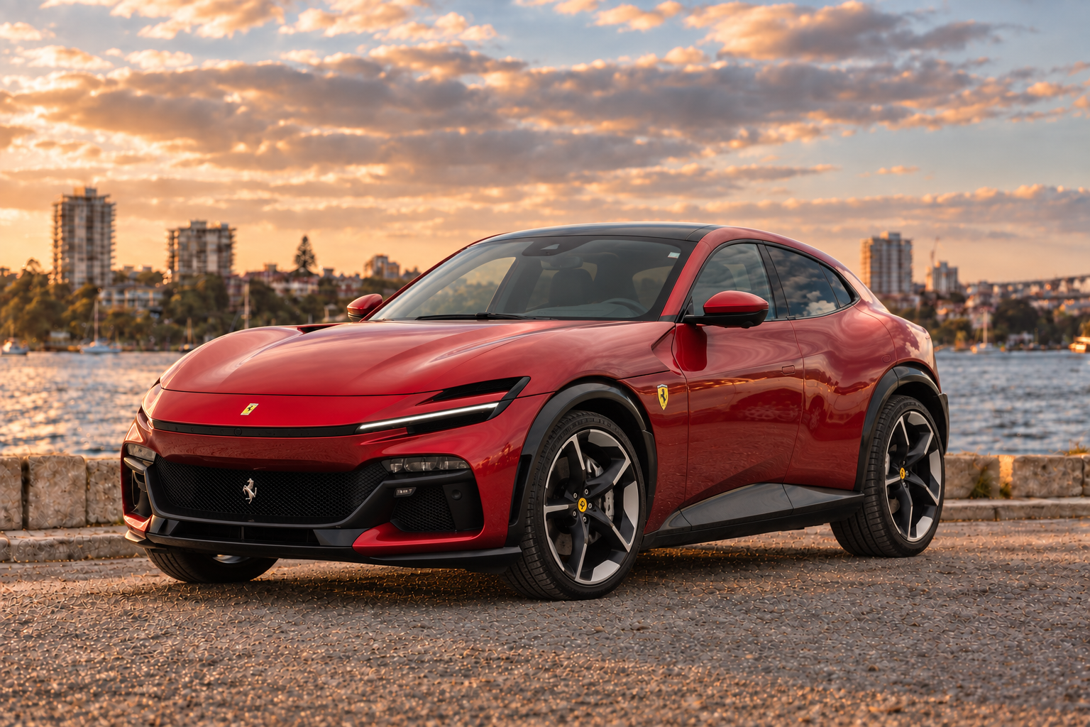 Ferrari Purosangue on a Sydney waterfront backdrop at sunset