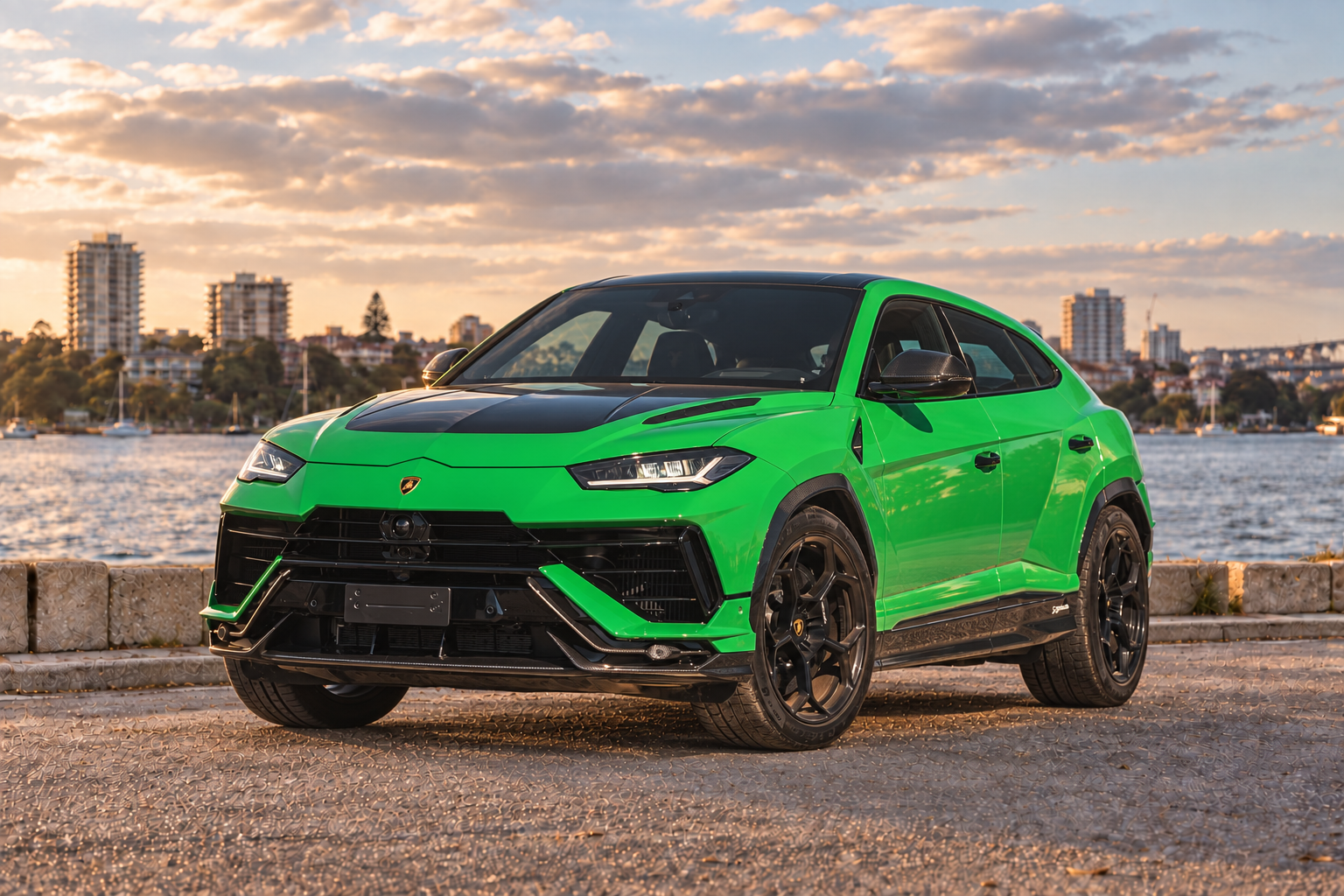 Lamborghini Urus on a Sydney waterfront backdrop at sunset